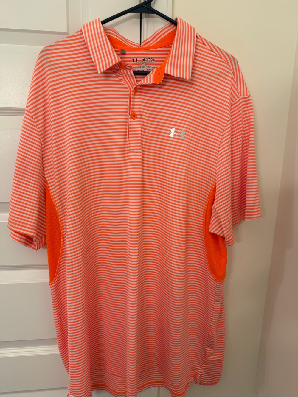 Under Armour Men’s Coral and White Striped Polo